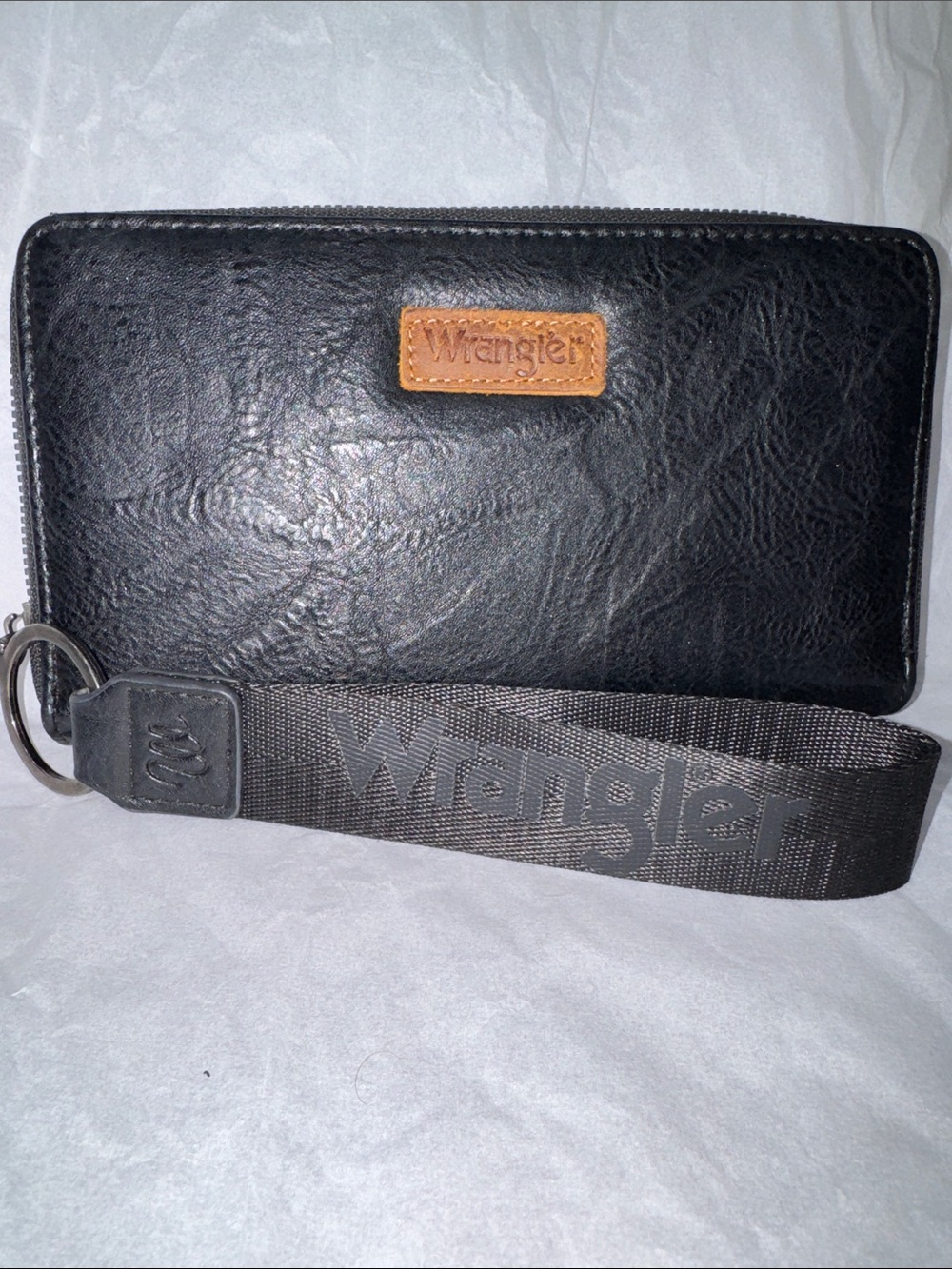 Wrangler Black Wallet with Tan Logo Patch and Wrist Strap